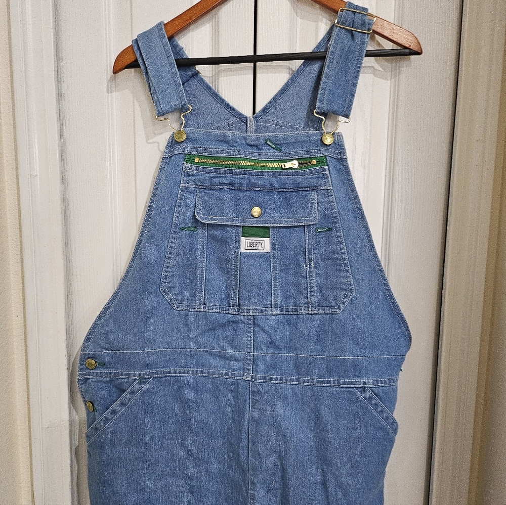 VINTAGE Liberty Blue Denim Short Y2K Overalls with Green Trim XL. - Picture 3 of 12